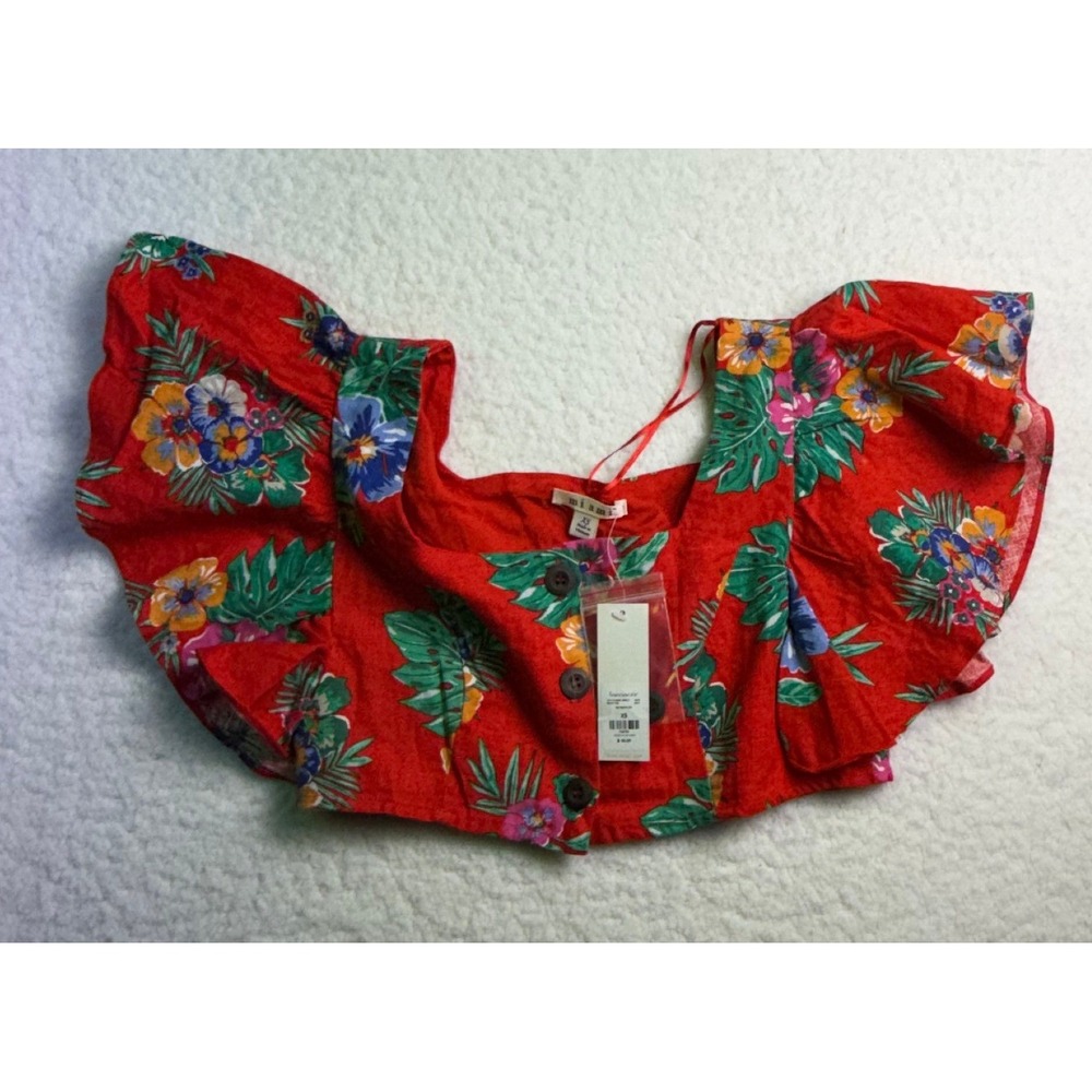 Miami Francesca's Red Tropical Floral Ruffle Crop Top CKT181968C XS NEW